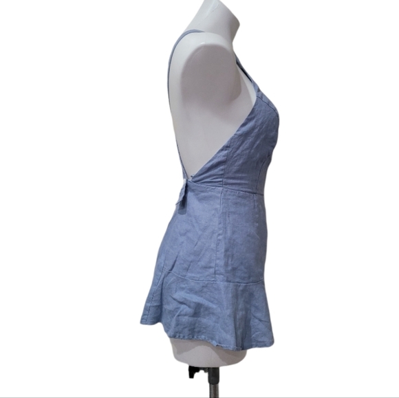 Light Wash Criss Cross Open Back Romper (Size S) Linen Flare Short Shorts - Picture 3 of 10
